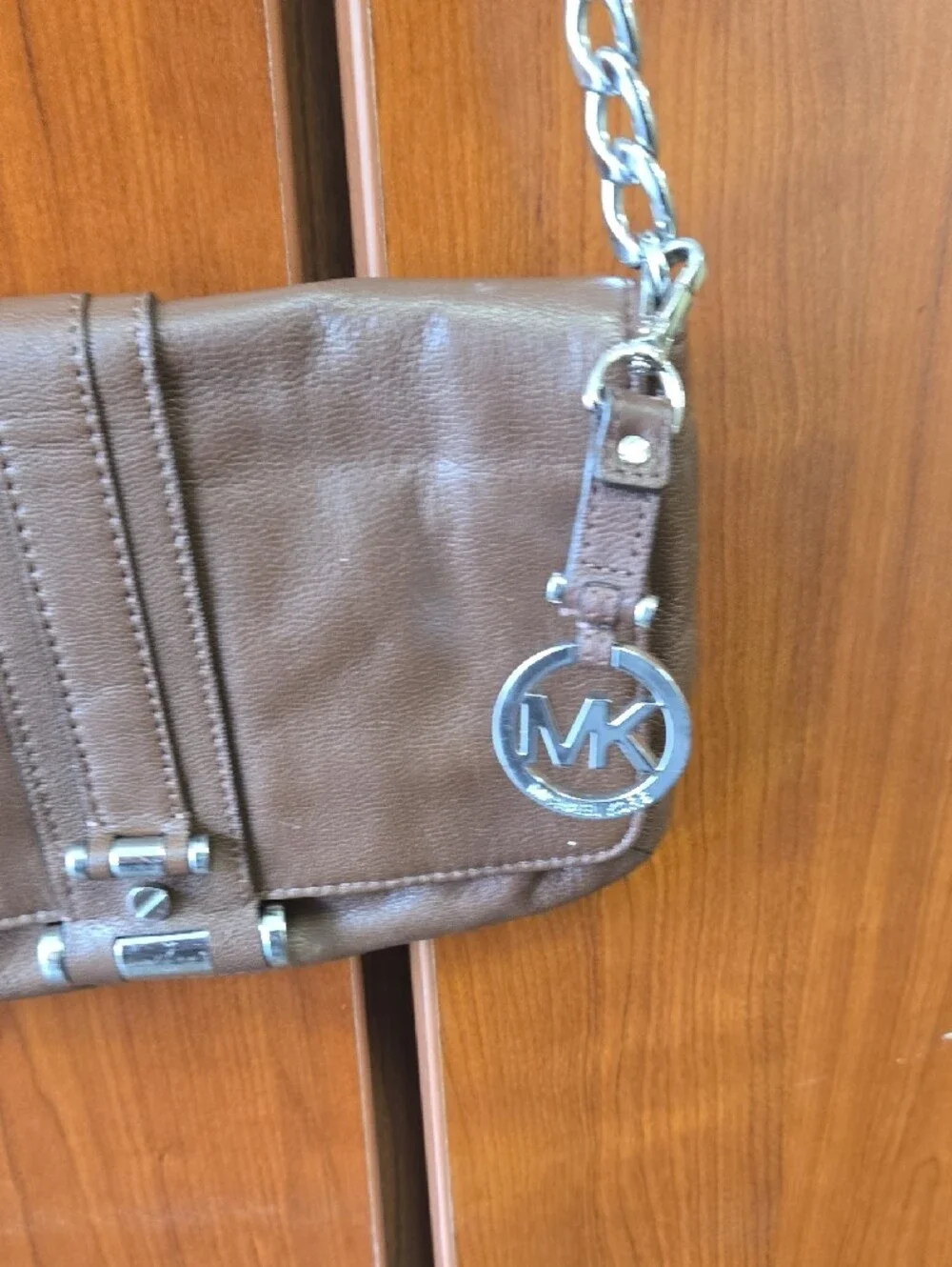Michael Kors Brown Leather Shoulder Bag with Silver Chain